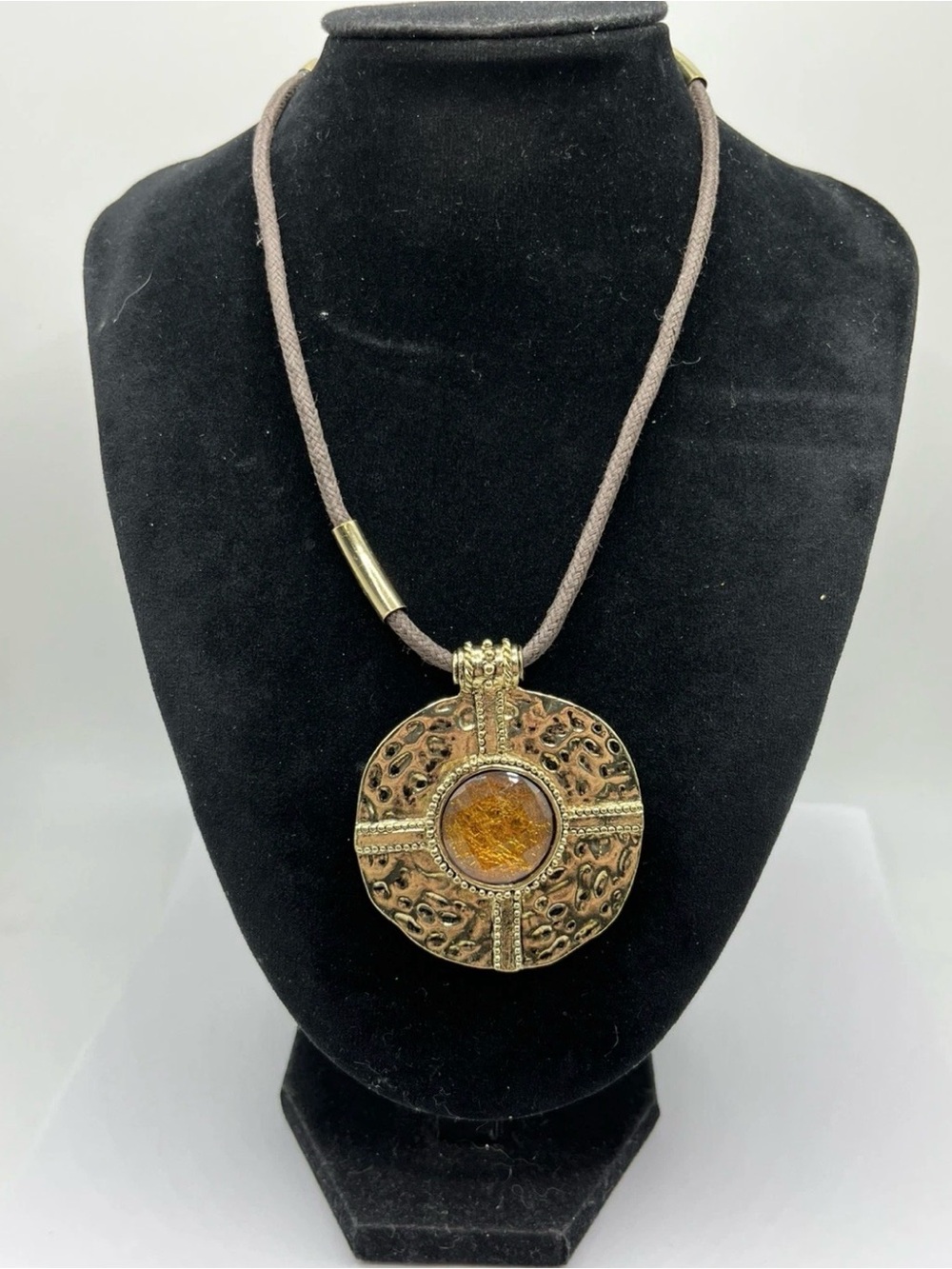 Hammered Gold Tone Circular Pendant Brown Chord Statement Necklace